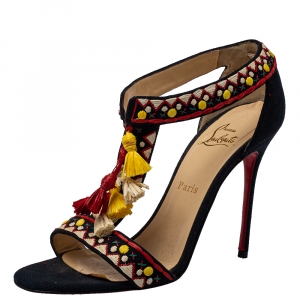 Pre Owned Christian Louboutin Dark Blue Canvas Tassels Sandals Size 39
