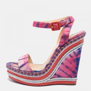 مملوكة مسبقًا Christian Louboutin Multicolor Fabric Wedge Platform Sandals Size 41