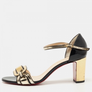 Christian Louboutin Gold/Black Patent and Leather Block Heel Ankle Strap Sandals Size 40