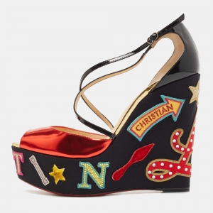 Christian Louboutin Red/Black Leather and Patent Loubi Zeppa Wedge Sandals Size 41