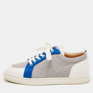 Christian Louboutin White/Navy Blue Leather and Woven Fabric Rantulow Low Top Sneakers Size 44