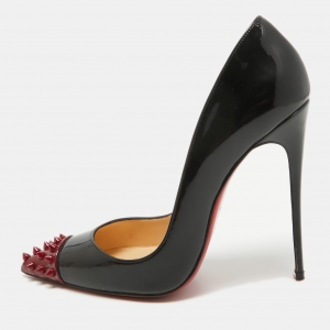 Christian Louboutin Black/Burgundy Patent Leather Geo Spike Pumps Size 39