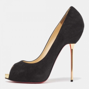 Pre Owned Christian Louboutin Black Suede Open Lips Pumps Size 38