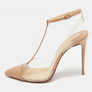 Pre Owned Christian Louboutin Beige Patent Leather and PVC Nosy Pumps Size 39
