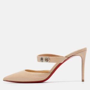 مملوكة مسبقًا Christian Louboutin Beige Leather Choc Lock Heel Mules Size 36