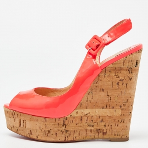 Christian Louboutin Neon Pink Leather Une Plume Peep-Toe Platform Cork Wedge Sandals Size 37