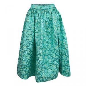 Christian Siriano Metallic Green Floral Jacquard Bubble Lamé Tea Length Skirt M