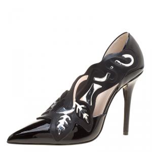 Christopher Kane Black Patent Leather Art Deco Open Court Pointed Toe Pumps Size 39