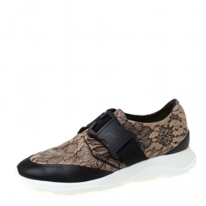Christopher Kane Beige/Black Floral Lace Print Leather Low Top Sneakers Size 38