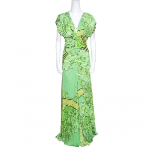 Class by Roberto Cavalli Green Printed Knit Ruched Maxi Dress M