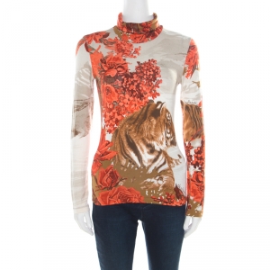 Class by Roberto Cavalli Multicolor Floral and Tiger Figure Printed Long Sleeve Top M