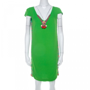 Cavalli Class Neon Green Crepe Embellished Neck Detail Cap Sleeve Shift Dress M