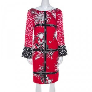 Cavalli Class Red and Black Floral Print Crepe Tunic Shift Dress M