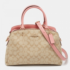Pre Owned Coach Pink/Beige Signature Coated Canvas and Leather Lillie Carryall Satchel