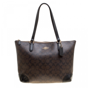 Coach Brown/Black Signature Coated Canvas Shopper Tote