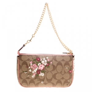Coach Brown/Pink Floral Print Signature Coated Canvas and Leather Clutch 