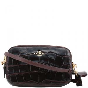 Coach Dark Brown Croc Embossed Leather Crossbody Bag