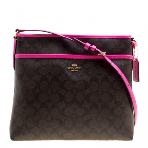 Coach Brown/Fuchsia Signature Canvas and Leather Swingpack File Crossbody Bag 