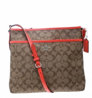 Coach Brown/Coral Orange Signature Canvas and Leather Swingpack File Crossbody Bag 