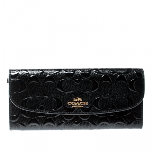 Coach Black Signature Debossed Patent Leather Boxed Soft Wallet