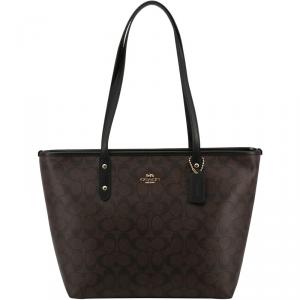 Coach Brown/Black Signature Coated Canvas City Zip Tote