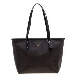 Coach Brown/Black Signature Coated Canvas City Zip Tote