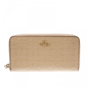 Coach Beige Signature Patent Leather Accordion Zip Around Wallet