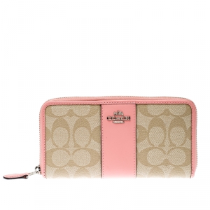  Coach Beige/Pink Signature PVC and Leather Accordion Zip Around Wallet