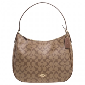 Coach Brown Signature Coated Canvas and Leather Zip Hobo