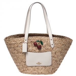 Coach Beige/White Cherry Straw and Leather Basket Tote