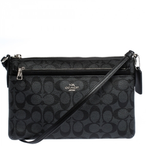Coach Black Signature Coated Canvas and Leather Pop Up Crossbody Bag