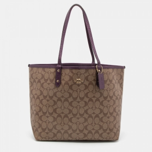 Pre Owned Coach Beige/Purple Signature Coated Canvas and Leather Reversible City Tote