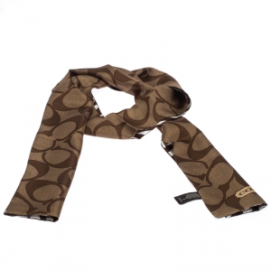 Coach Brown Logo and Stripe Print Silk Reversible Bandeau Scarf