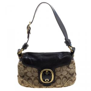 Coach Black/Beige Canvas and Leather Signature Buckle Shoulder Bag