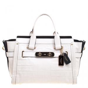 Coach Off White Croc Embossed Leather Large Swagger Top Handle Bag