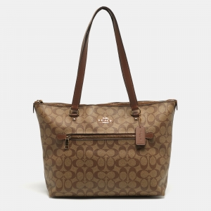 Pre Owned Coach Gallery Beige/Brown Signature Coated Canvas and Leather Tote