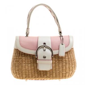 Coach Beige/White Woven Straw and Leather Satchel 