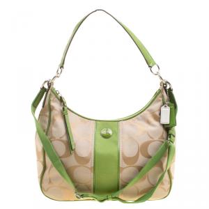 Coach Beige/Green Signature Canvas Stripe Convertible Hobo 