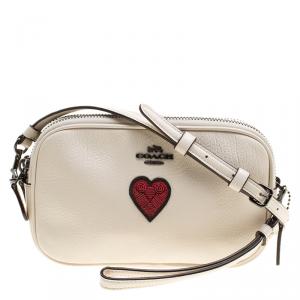Coach Cream Leather Heart Embroidered Oval Crossbody Clutch Bag