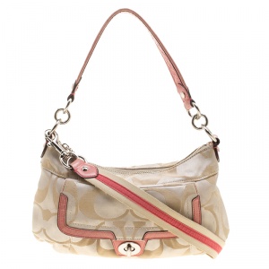 Coach Beige/Pink Signature Canvas and Leather Shoulder Bag