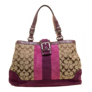 Coach Beige/Purple Signature Canvas Demi Striped Tote