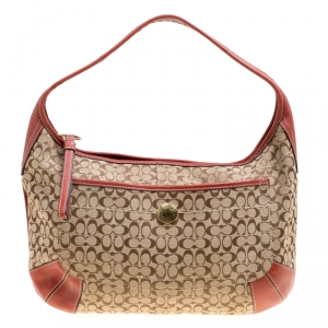 Coach Beige/Red Signature Canvas and Leather Hobo