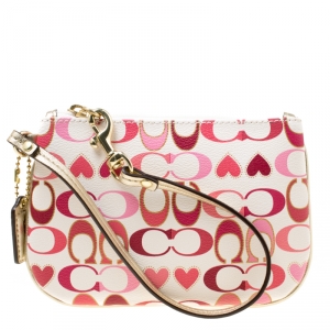 Coach White/Pink Heart Printed Coated Canvas Poppy Wristlet Clutch
