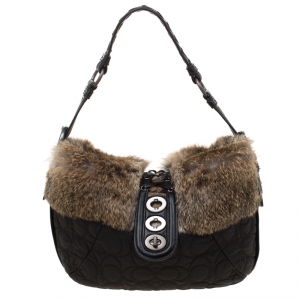 Coach Black/Brown Signature Nylon and Rabbit Fur Hobo