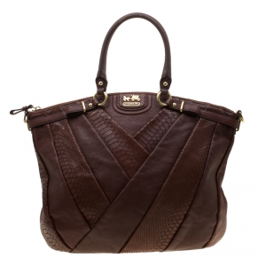 Coach Dark Brown Diagonal Pleated Python Embossed Leather Lindsey Top handle Bag