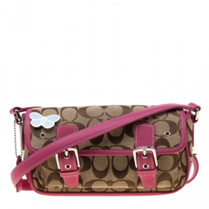 Coach Pink/Beige Signature Canvas and Leather Crossbody Bag