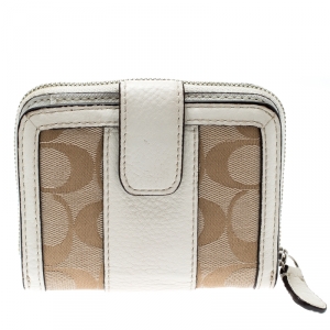 Coach Beige/White Signature Canvas and Leather Compact Wallet