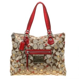 Coach Beige/Red Signature Canvas Poppy Laura Secret Admirer Tote