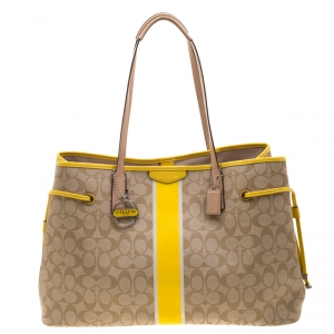 Coach Beige/Yellow Coated Canvas and Leather Large Stripe Drawstring Signature Tote