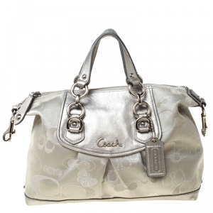 Coach Silver/Grey Canvas and Leather Ashley Top Handle Bag